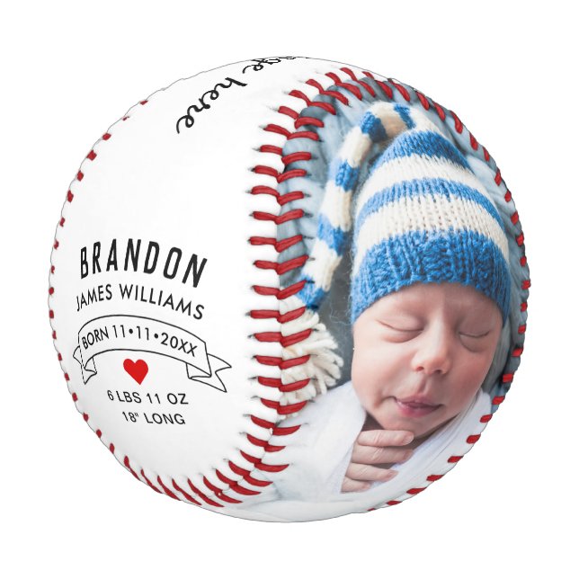 Modernes Black & White New Baby Ankündigung Foto Baseball (Schrägansicht)