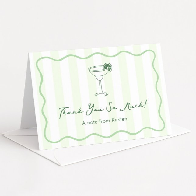 Modernes, blassgrünes Margarita-Brautparty Dankeskarte (Trendy hand-drawn style Margarita bridal shower thank you card with squiggle line border)