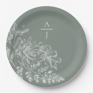Modernes Blatt-Green Monogram-Floral Paper Plate Pappteller