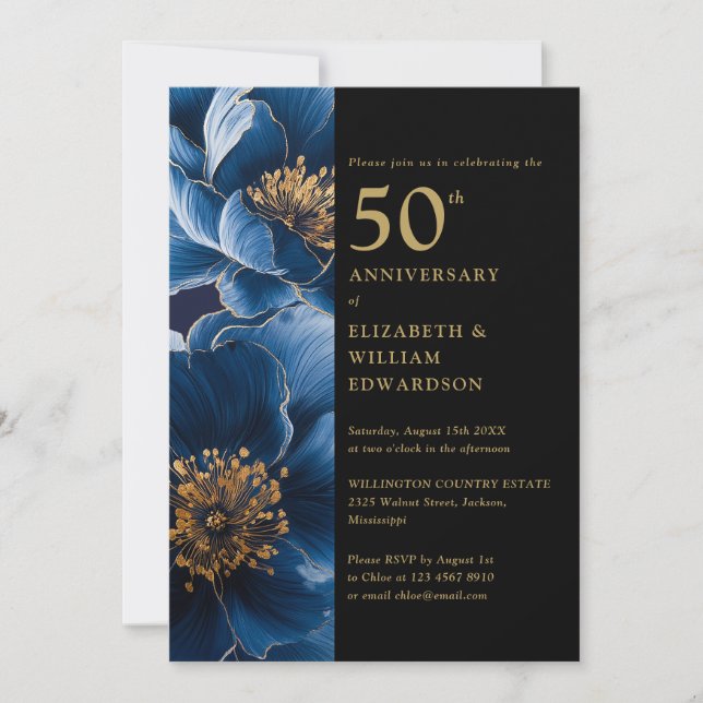 Modernes Blau Blütenschwarz und Gold 50 Jahre alt Einladung (Vorderseite)