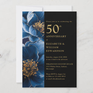 Modernes Blau Blütenschwarz und Gold 50 Jahre alt Einladung