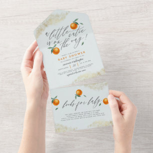 Modernes Blau eine kleine Süsse Orange Baby Dusche All In One Einladung