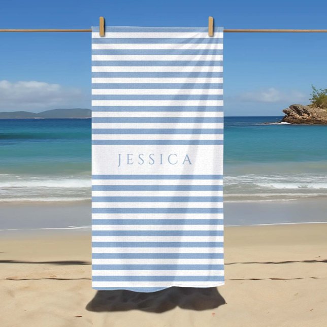 Modernes, blau gestreiftes Muster Strandtuch (Personalized Modern Blue Striped Pattern Beach Towel.)
