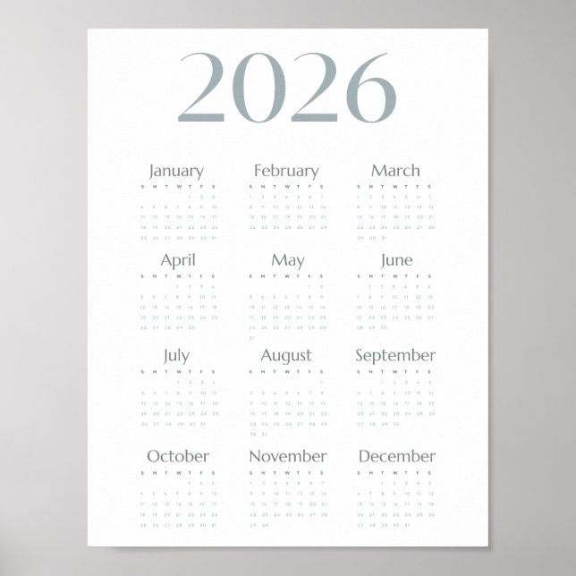 Modernes Blau-Grau 2026 Kalender Einfach Einseitig Poster (Vorne)