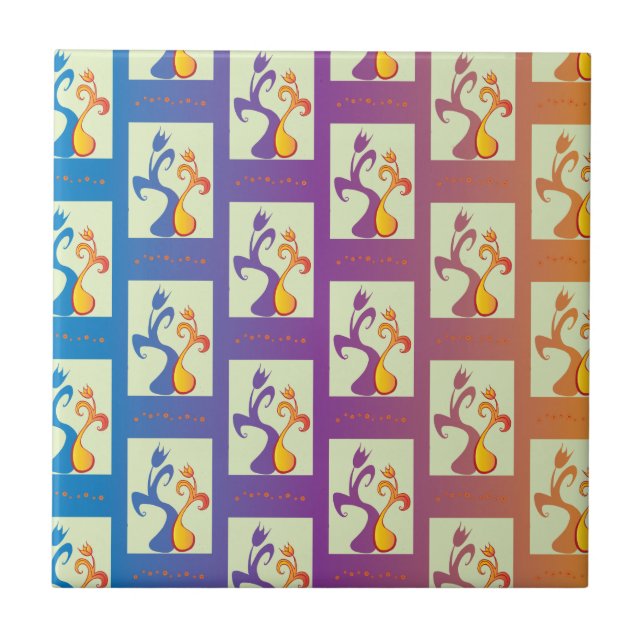 Modernes Blau, lila, orangefarbenes Tulip-Paar Fliese (Vorderseite)