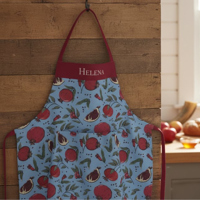 Modernes blau-rotes Granatapfelfruchtmuster Schürze (Modern Blue and Red Pomegranate Pattern Apron for Her for Rosh Hashanah & Nature Lover or Gardener)