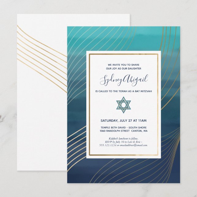 Modernes Blau und Gold Bat Mitzvah oder Bar Mitzva Einladung (Vorne/Hinten)