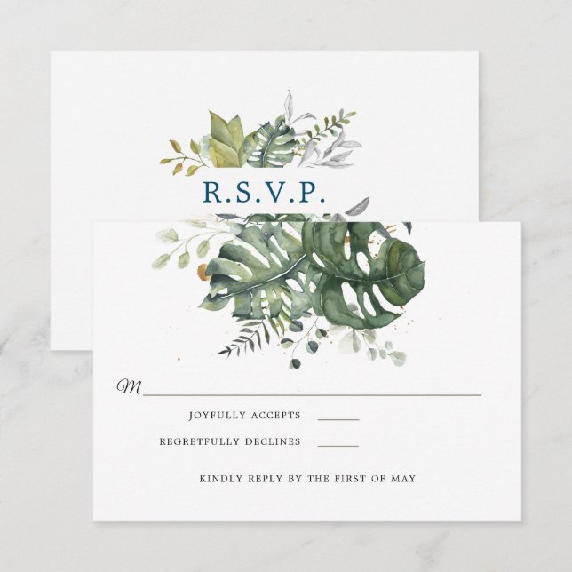 Modernes Blau und grüne Blumen | HochzeitsrSVP (Vorne/Hinten)