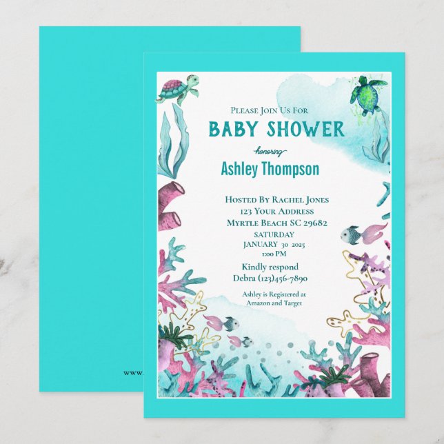 Modernes Blau unter der Sea Baby-Dusche Einladung (Vorne/Hinten)