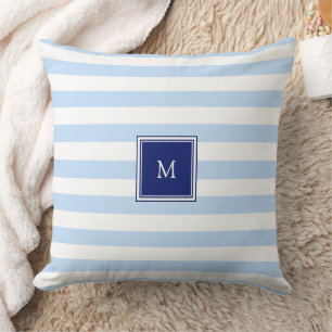 Modernes blau-weiß gestreiftes Monogramm-Muster Kissen