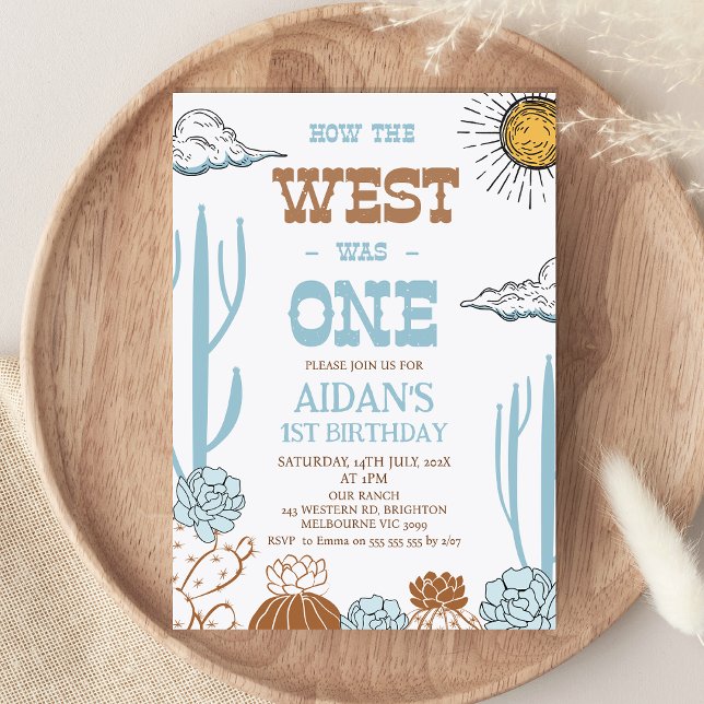 Modernes blaubraunes Licht, wie der Westen ein Geb Einladung (Modern How The West Was One Birthday Invitation Boy, Retro Wild West Western Themed 1st Birthday)