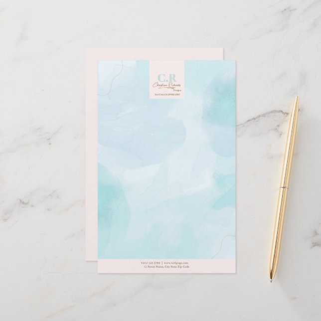 Modernes, blaues Aquamarines Watercolor Briefpapier (Vorderseite/Rückseite Beispiel)