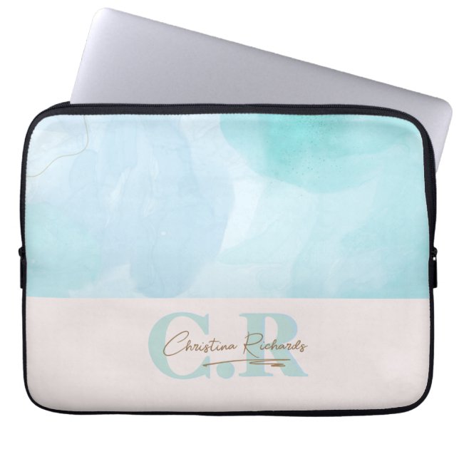 Modernes, blaues Aquamarines Watercolor Laptopschutzhülle (Vorderseite)
