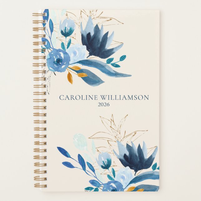 Modernes blaues Aquarellblumen Personalisiert 2022 Planer (Vorderseite)