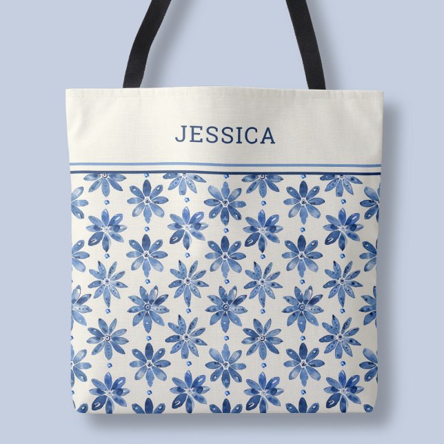 Modernes blaues Blumenmuster Elegant Stilvoller Na Tasche (Modern Blue Floral Pattern Elegant Stylish Name Tote Bag)