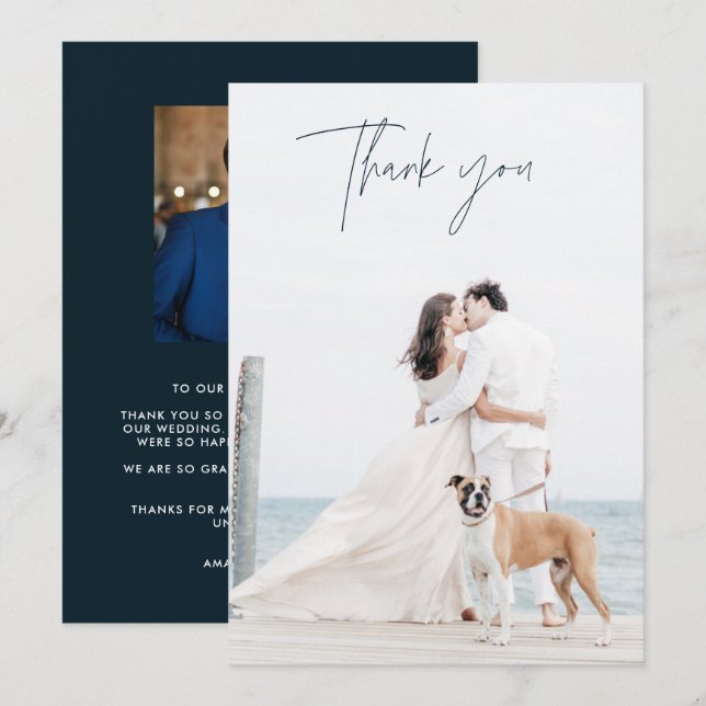 Modernes blaues Foto Hochzeit Dankeschön Karten (Vorne/Hinten)