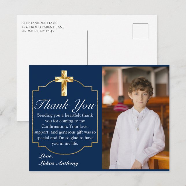 Modernes blaues Gold-Kreuz-Bestätigung der Navy Postkarte (Vorne/Hinten)