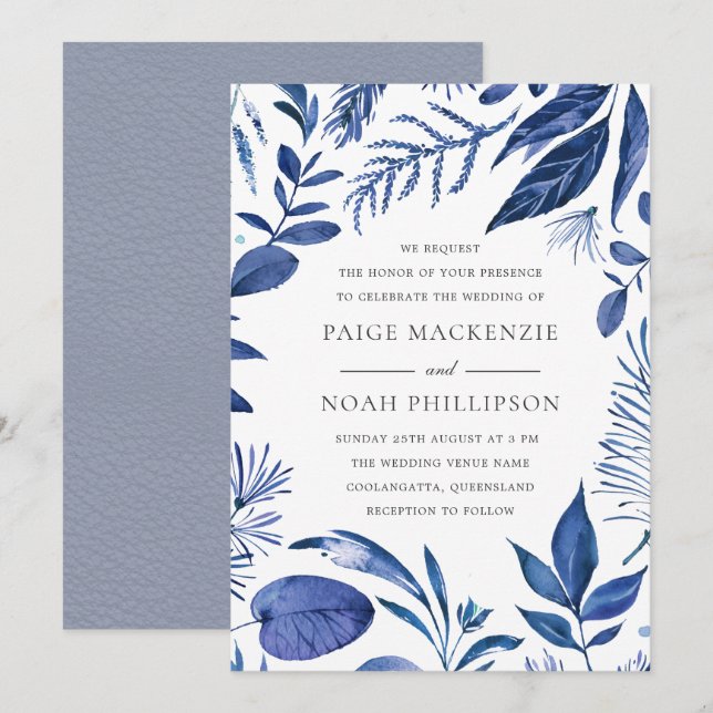 Modernes blaues Leaf Elegantes Hochzeitserlebnis Einladung (Vorne/Hinten)