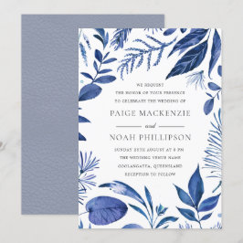 Modernes blaues Leaf Elegantes Hochzeitserlebnis Einladung