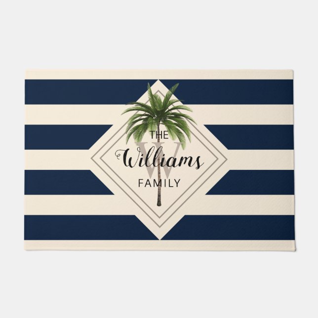 Modernes blaues Script tropischer Palm Monogram Fußmatte (Vorderseite)