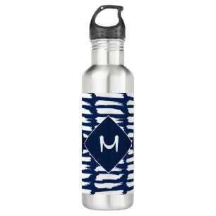 Modernes blaues weißes Muster Stilvolles Monogramm Edelstahlflasche