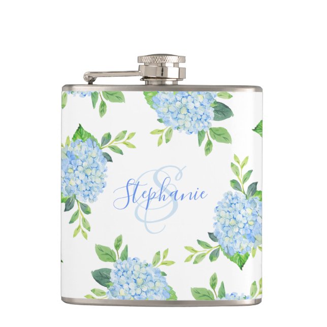 Modernes Blaulblau-Hydrangea Wasserfarbenmonogramm Flachmann (Vorderseite)