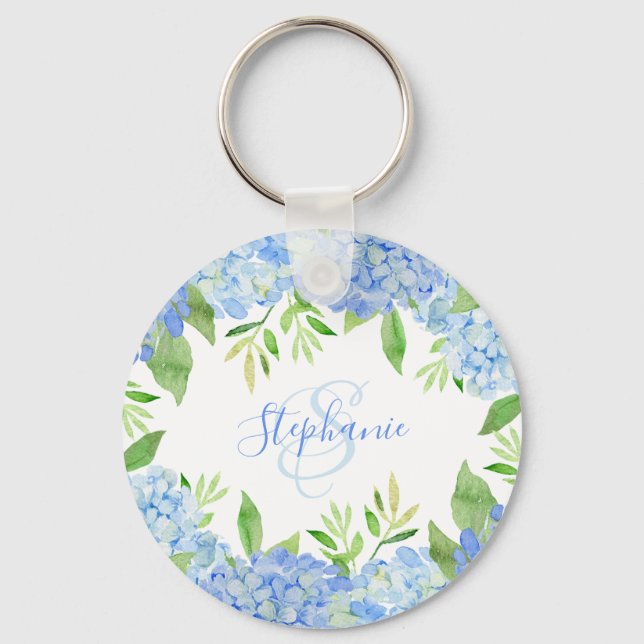 Modernes Blaulblau-Hydrangea Wasserfarbenmonogramm Schlüsselanhänger (Vorderseite)