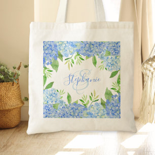 Modernes Blaulblau-Hydrangea Wasserfarbenmonogramm Tragetasche