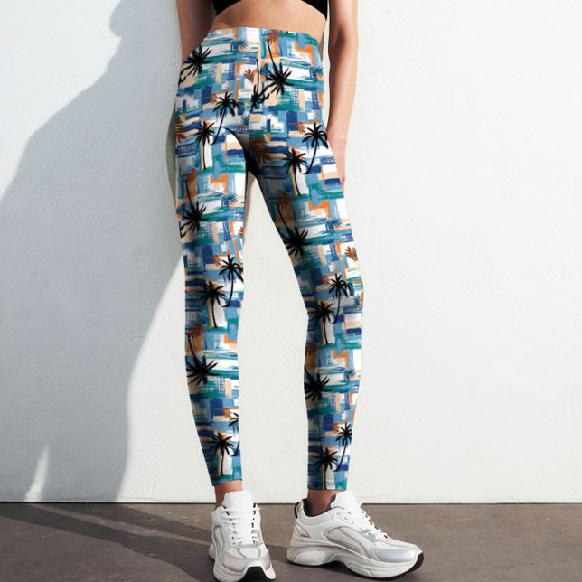 Modernes Blaupalm Tropical Checked Abstrakt Patter Leggings (Modern Abstract Blue Palm Checked Pattern Printed Leggings for Yoga, Fitness, & Lifestyle.)