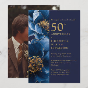 Modernes Blue and Gold Floral 50 Jahre Foto Einladung
