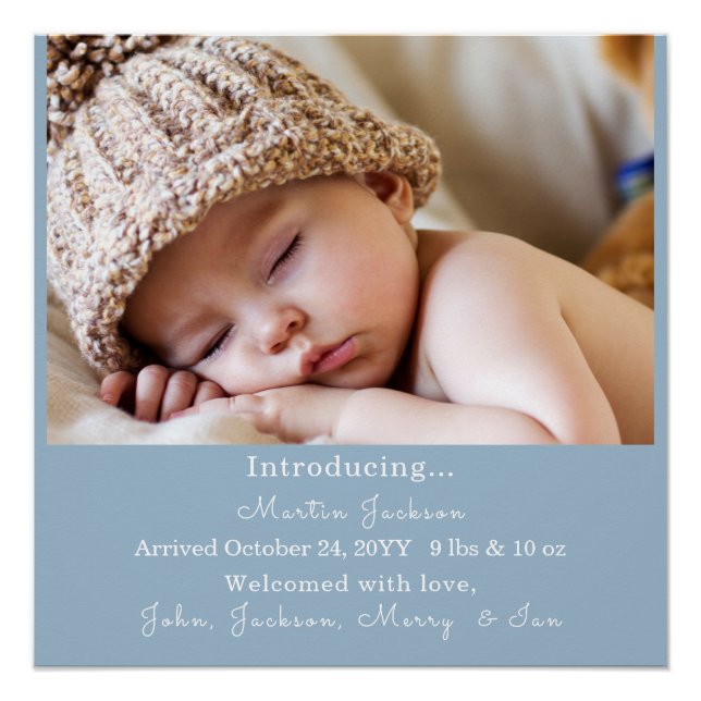 Modernes Blue Baby Boy Foto Geburtserklärung Poster (Vorderseite)