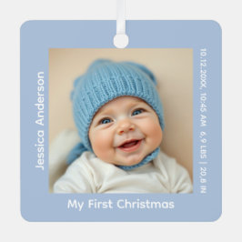 Modernes Blue Baby's First Christmas Foto Ornament Aus Metall