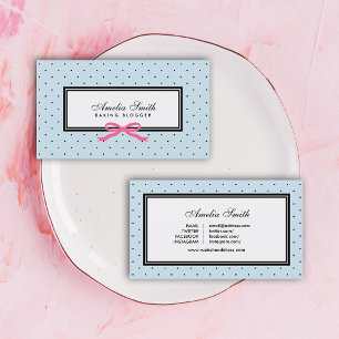 Modernes Blue Black Polka Dot Pink Ribbon Blogger Visitenkarte