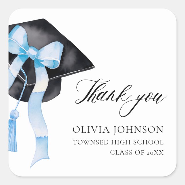 Modernes Blue Bow Coquette Graduation Cap Danke Quadratischer Aufkleber (Vorderseite)