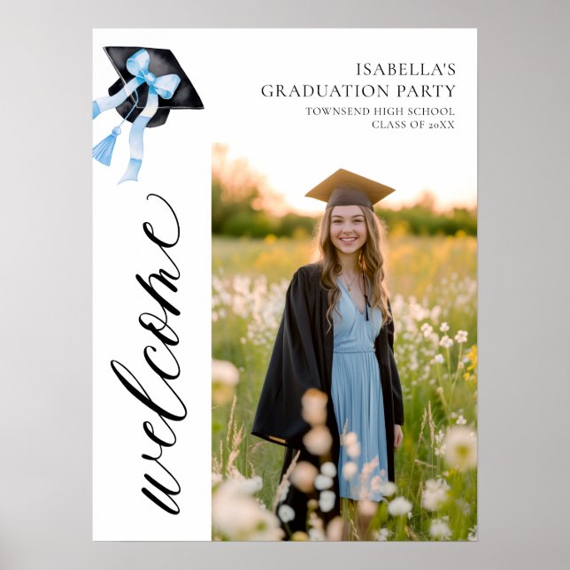 Modernes Blue Bow Coquette Graduation Cap Willkomm Poster (Vorne)