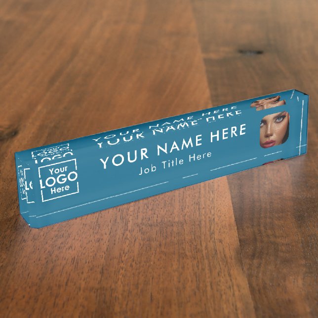 Modernes Blue Business Logo & Foto Beruflich Namensplakette (Seite)