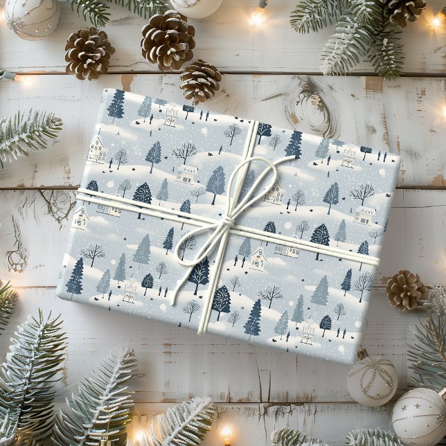 Modernes Blue Christmas Village Geschenkpapier (Von Creator hochgeladen)