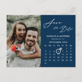 Modernes Blue Elegante Script-Foto Save the Date Ankündigungspostkarte