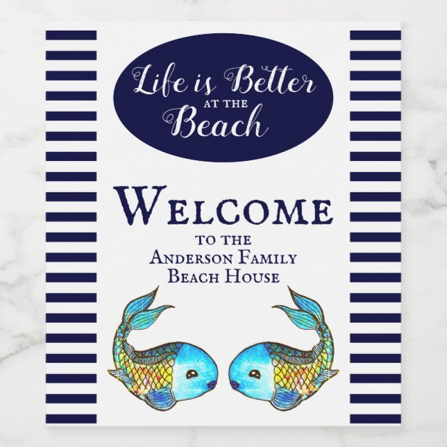 Modernes Blue Fish Beach House Willkommen Weinetikett (Einzelnes Label)