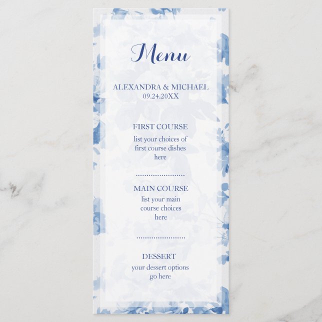 Modernes Blue Floral Blume Wasserfarbenes Hochzeit Menükarte (Vorderseite)