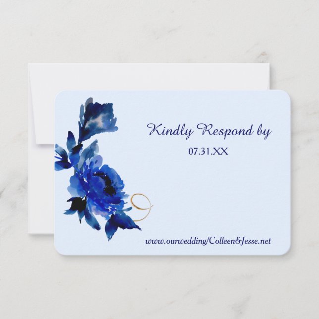 Modernes Blue Floral Gold Swirt Hochzeit RSVP (Vorderseite)
