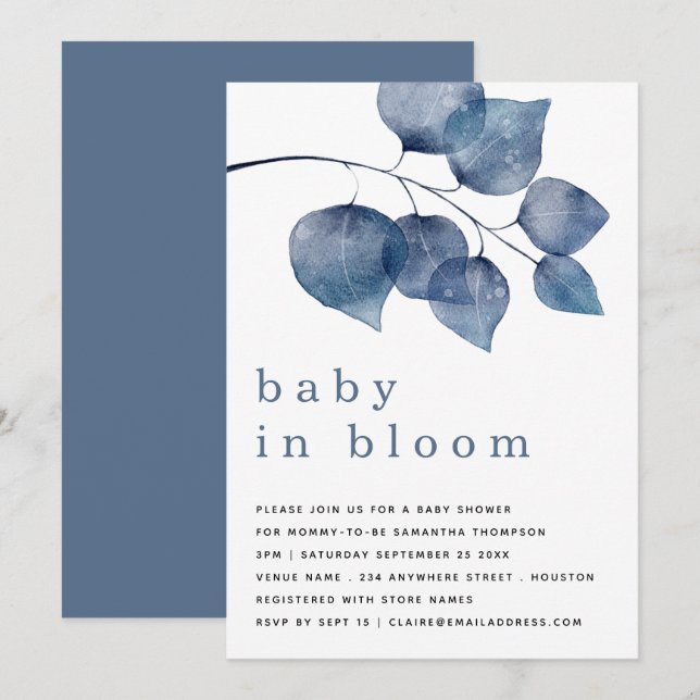 Modernes Blue Foliage Baby in Blütendusche Einladung (Vorne/Hinten)