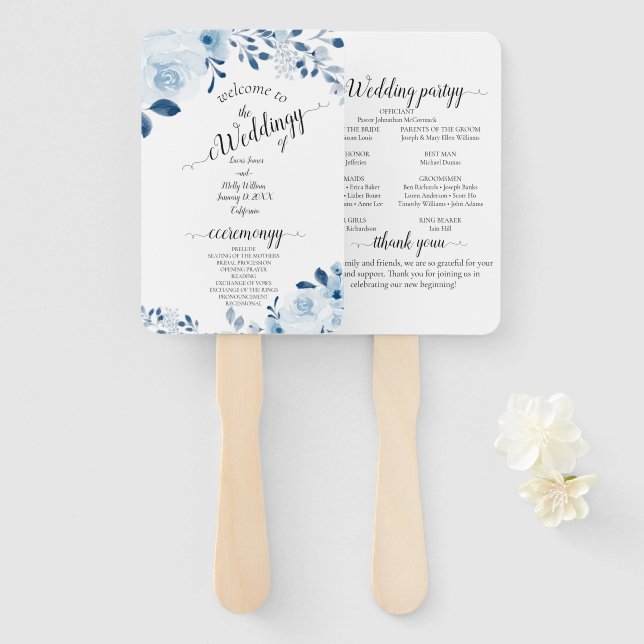 Modernes Blue French Floral Wedding Hand Fan Fächer (Vorne und Hinten)