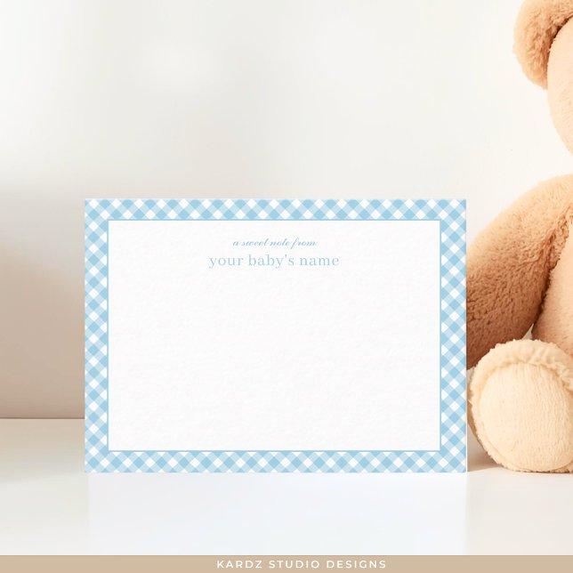 Modernes Blue Gingham Baby Kinderzimmer Note Card Mitteilungskarte (Baby note card shown in 3.5 x 2.5 inches. Add baby boy's name and choose the paper and corner style.)
