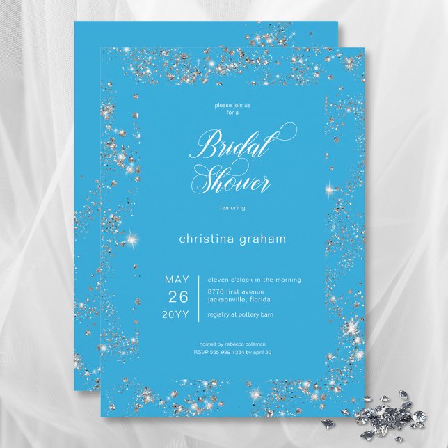 Modernes Blue Glam Diamond Frame Brautparty Einladung (Modern Blue Glam Diamond Frame Bridal Shower Invitation)
