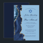 Modernes Blue Gold Agate Bar Mitzvah Party Einladung<br><div class="desc">Moderne Marineblau und Goldmedaille schmücken die Seite dieser modernen Bar Mitzvah Zeremonie und Party Einladung. Der Name Ihres Sohnes ist in einem schönen formalen Drehbuch unter dem Stern von David geschrieben. Ideal für eine schicke,  stilvolle jüdische Familie,  die ihren Jungen feiert,  der zur Tora gerufen wird.</div>