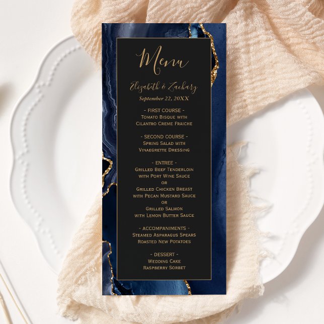 Modernes Blue Gold Agate Dark Wedding Menu Menükarte (Von Creator hochgeladen)