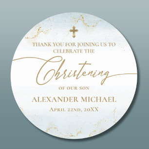 Modernes Blue Gold Cross Boy Christening Runder Aufkleber