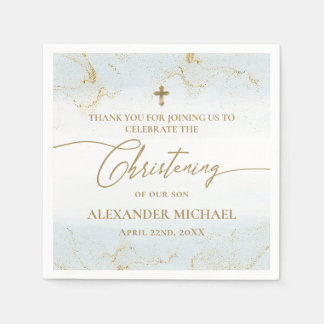 Modernes Blue Gold Cross Boy Christening Serviette