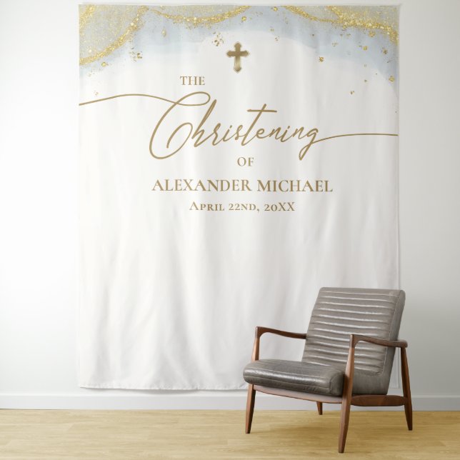 Modernes Blue Gold Cross Boy Christening Wandteppich (Beispiel)